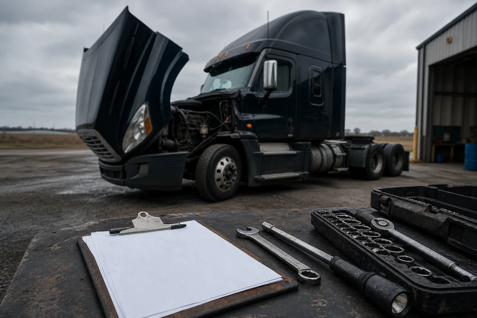 Commercial truck at maintenance yard with inspection clipboard after an Indiana truck accident