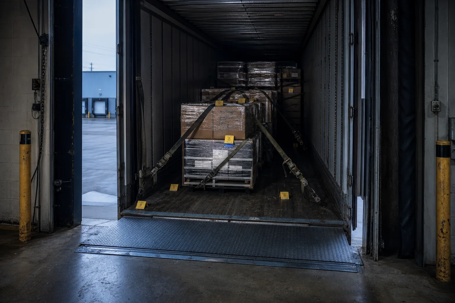 Secured freight inside a trailer at a loading dock after a truck accident investigation
