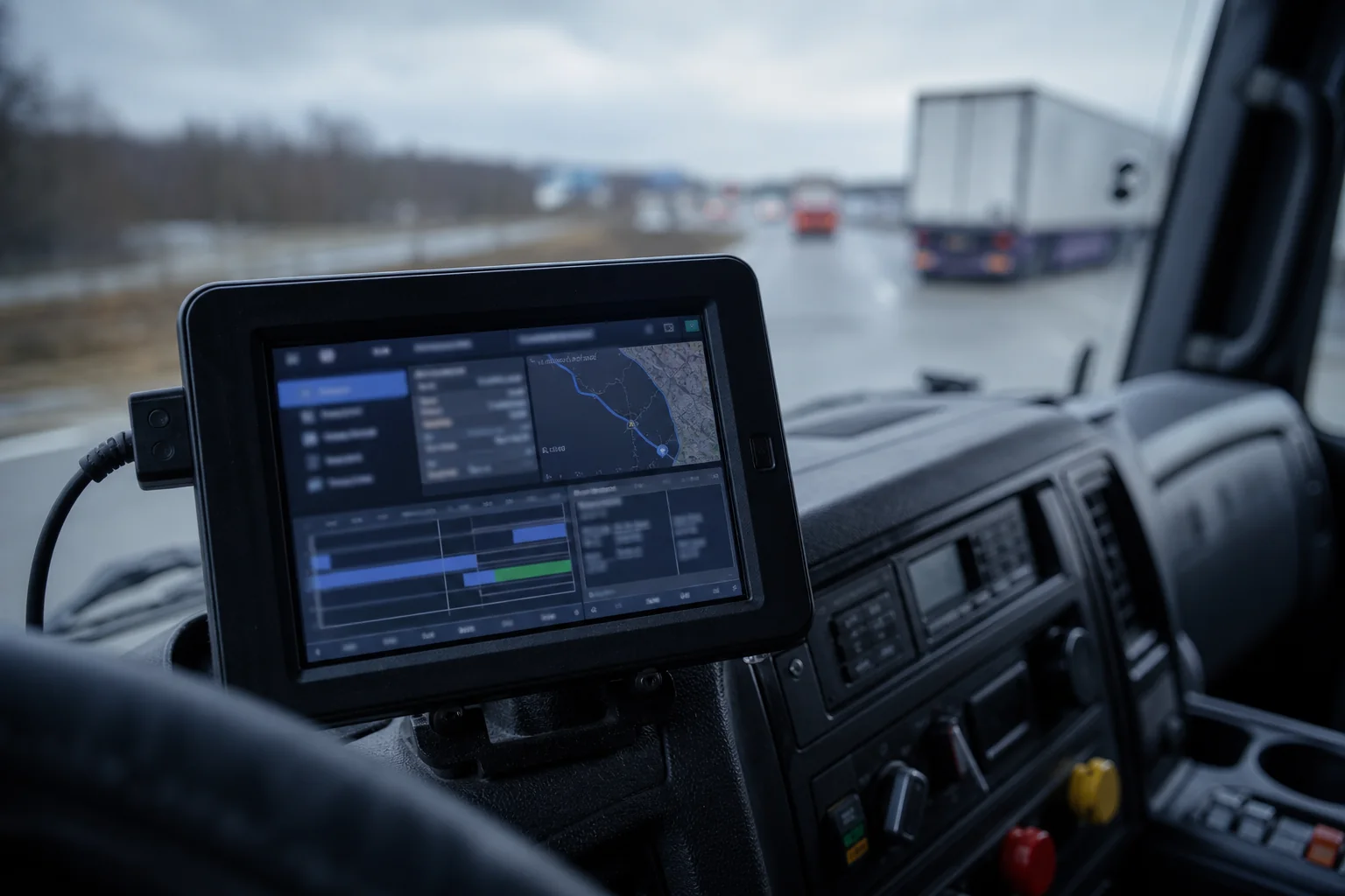 Electronic truck data screen and highway view after a commercial vehicle crash