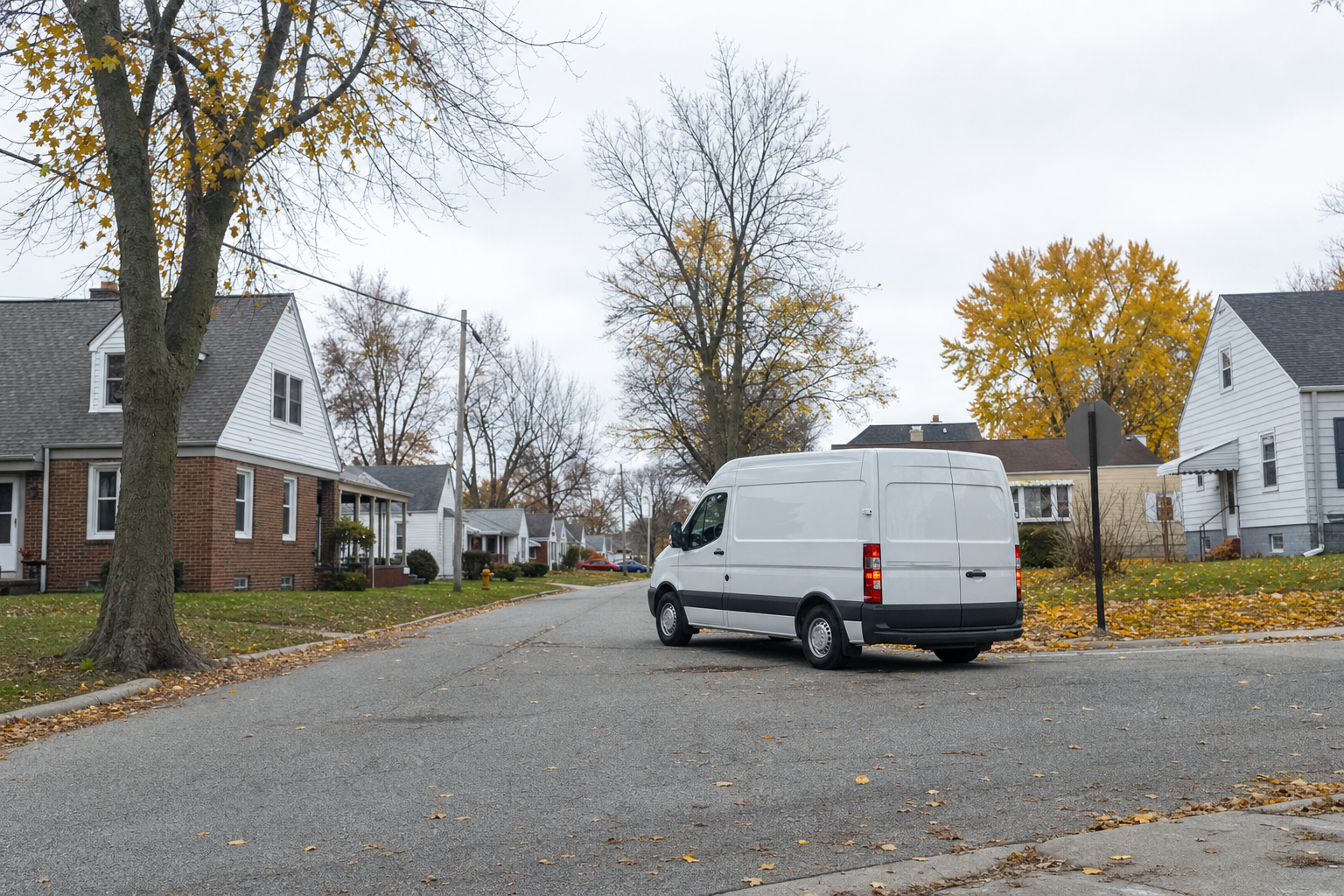 Branded delivery van at a stop sign on a Fort Wayne residential street