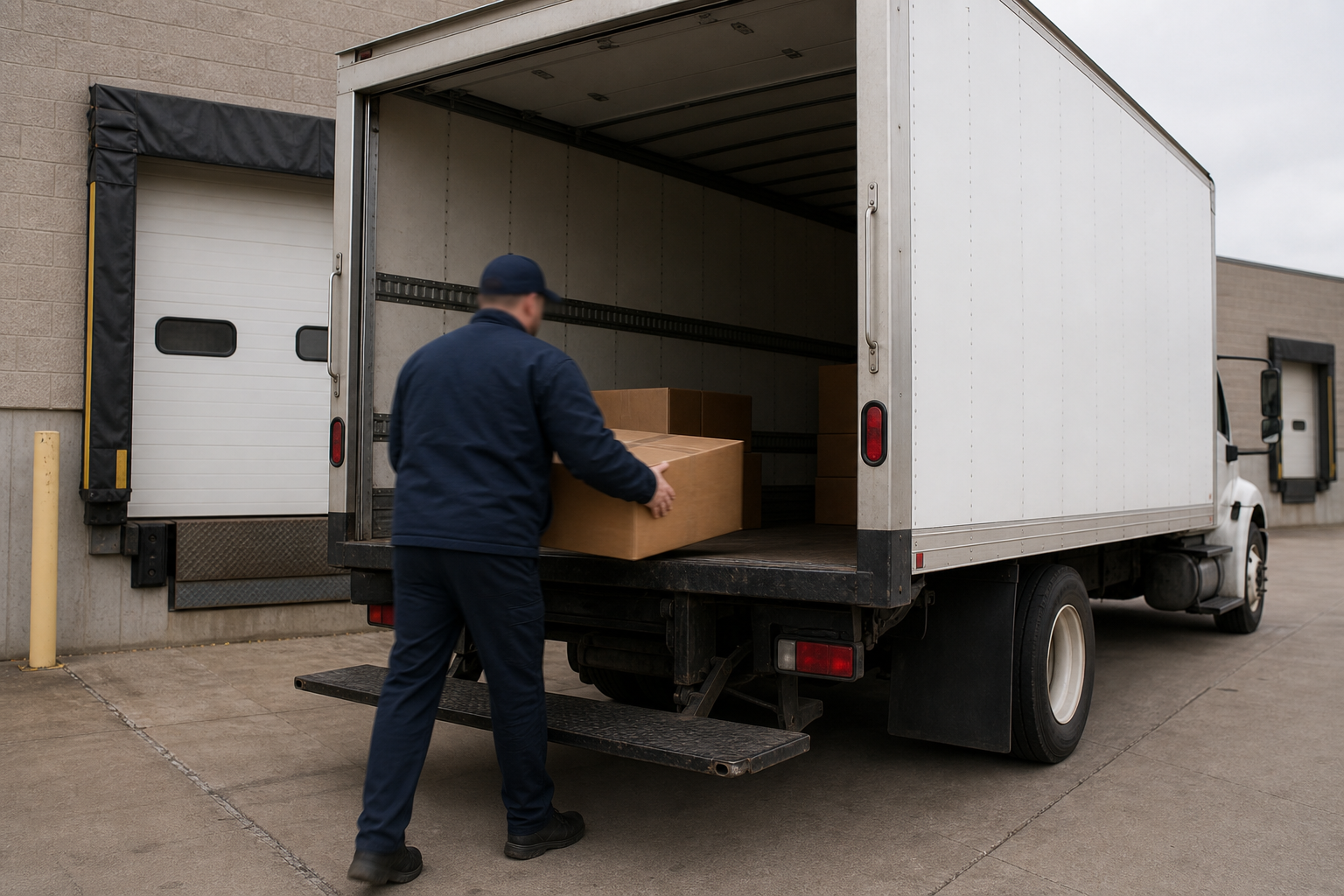 Delivery driver loading packages from a box truck outside a Fort Wayne warehouse