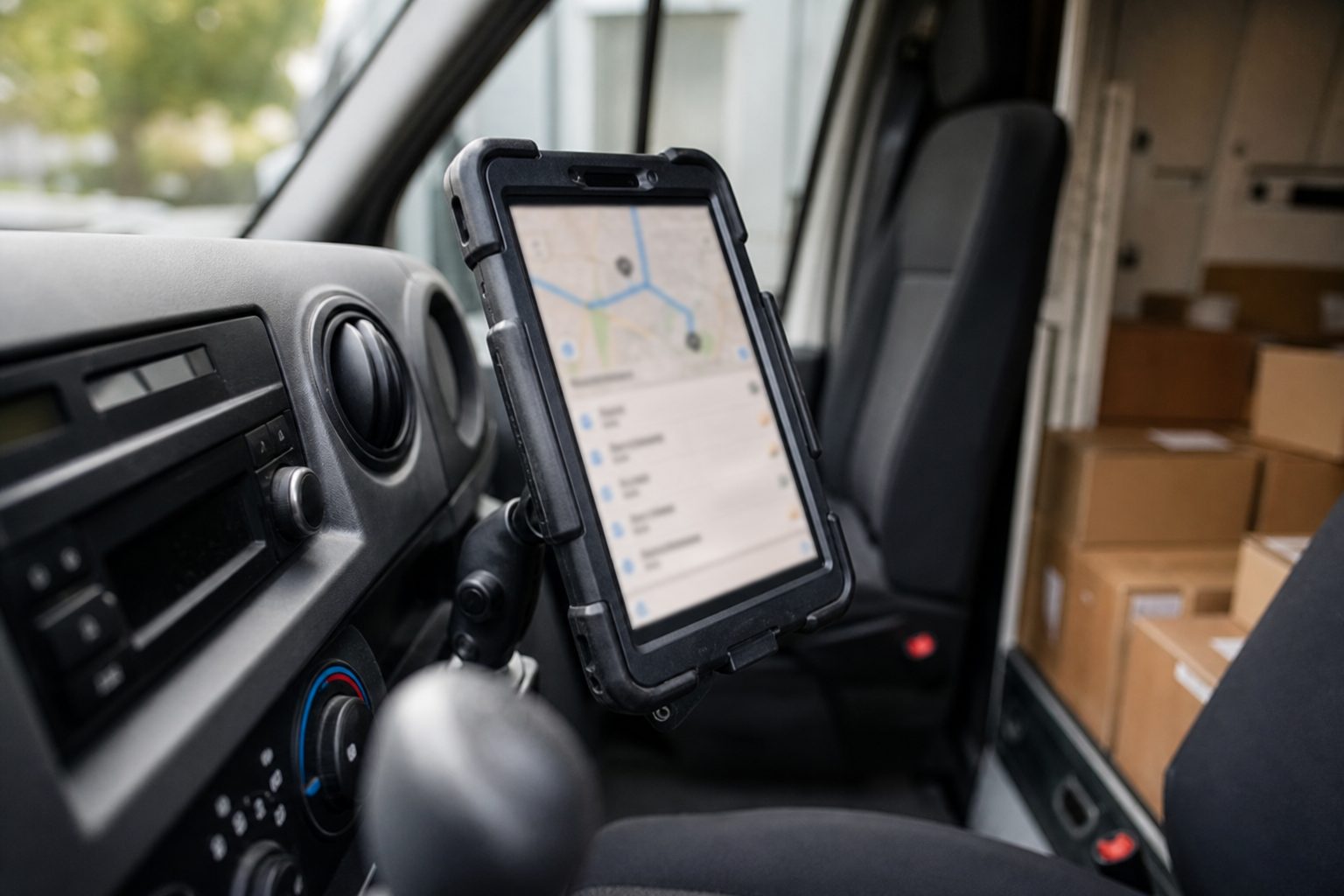 Delivery truck telematics tablet and route scanner inside a delivery van