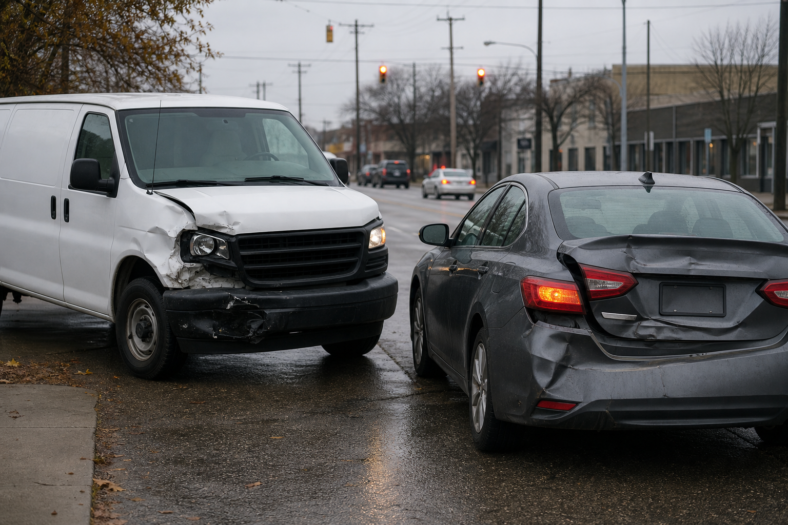 Damaged passenger car and delivery van after a collision on a Fort Wayne street