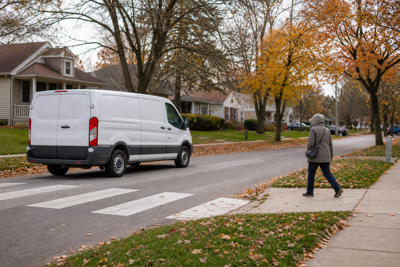 Pedestrian and delivery van near a crosswalk in a Fort Wayne neighborhood
