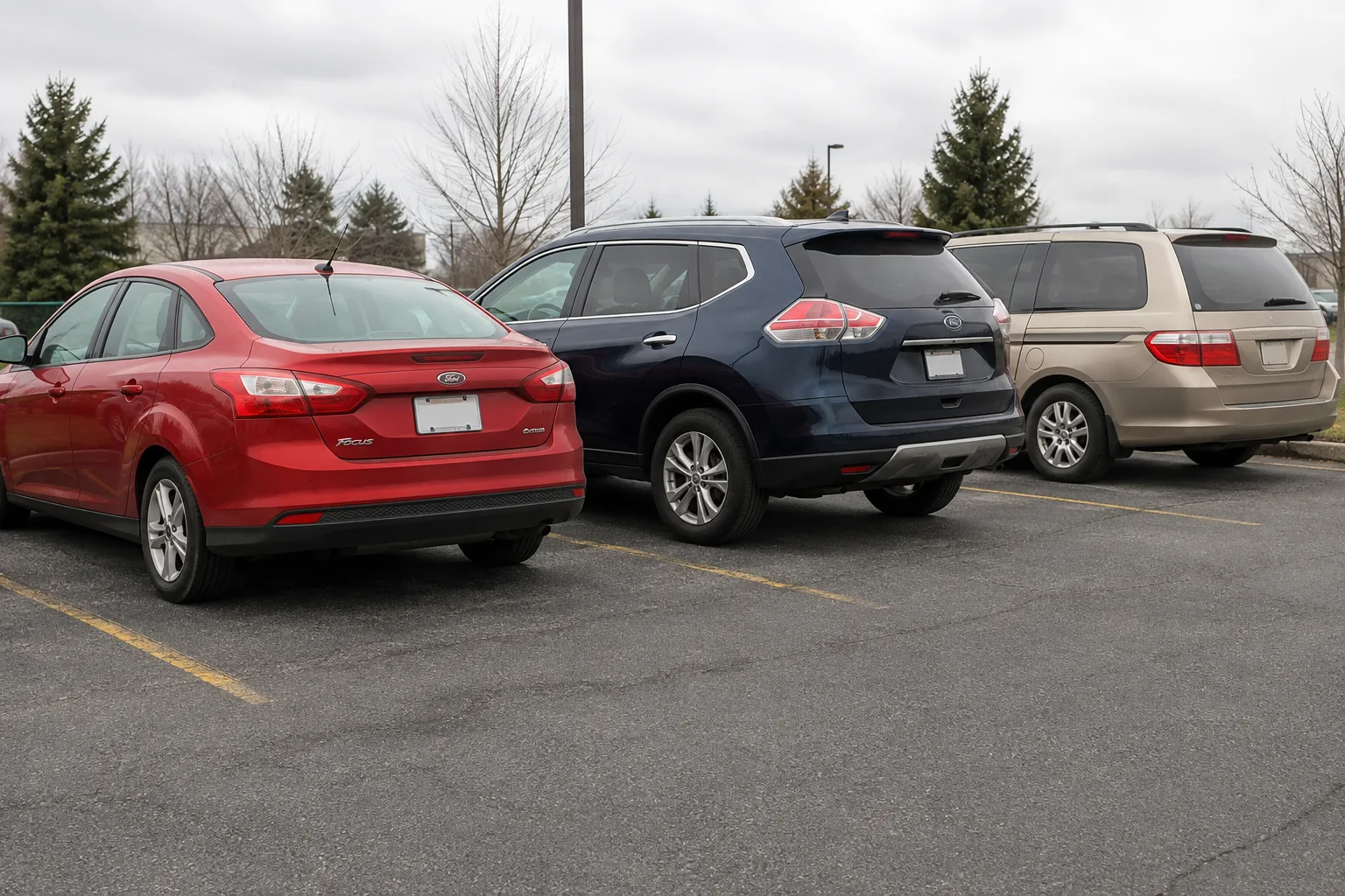 Three vehicles positioned in sequence for documenting a chain-reaction collision