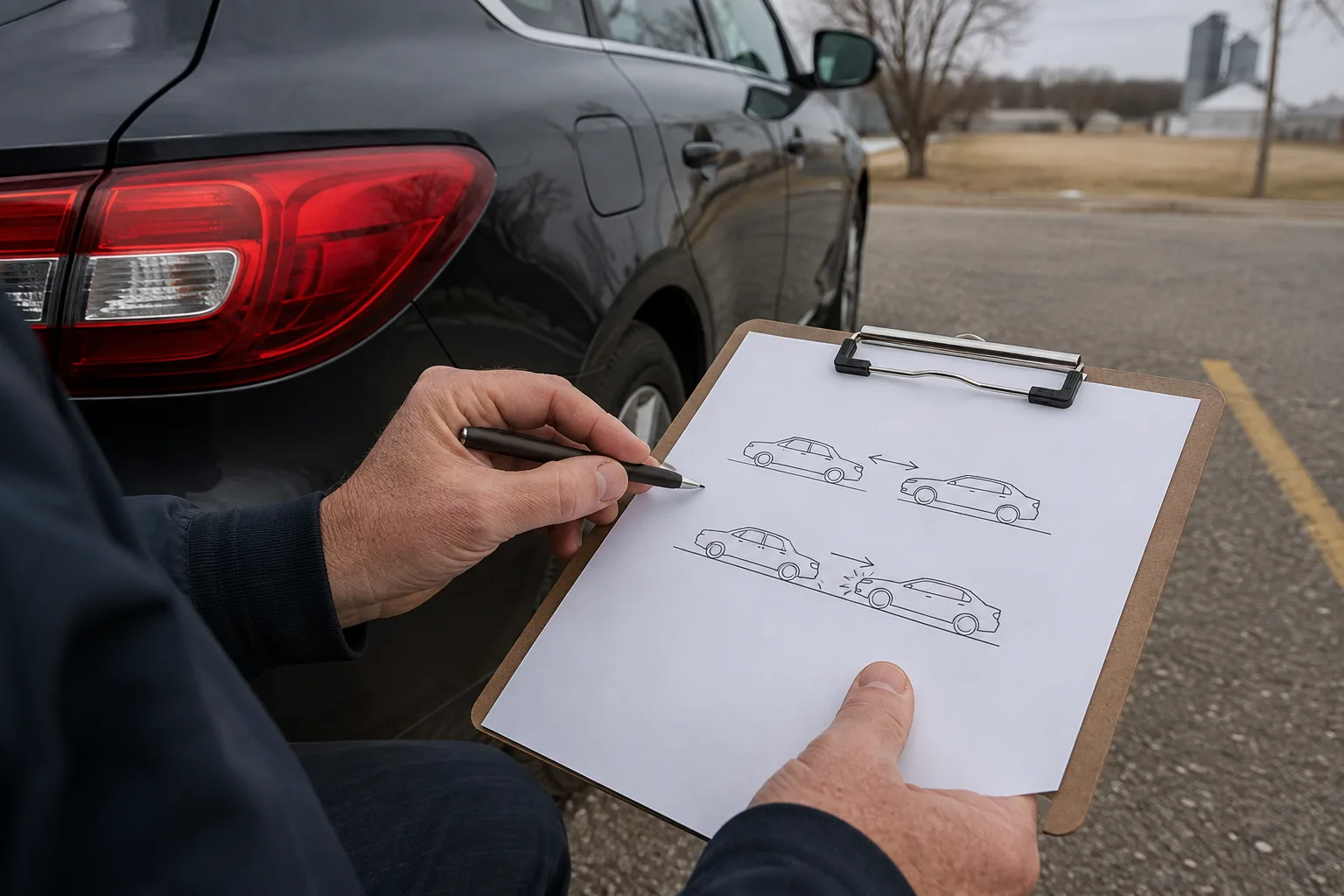 Person diagramming the sequence of impacts after a multi-vehicle crash