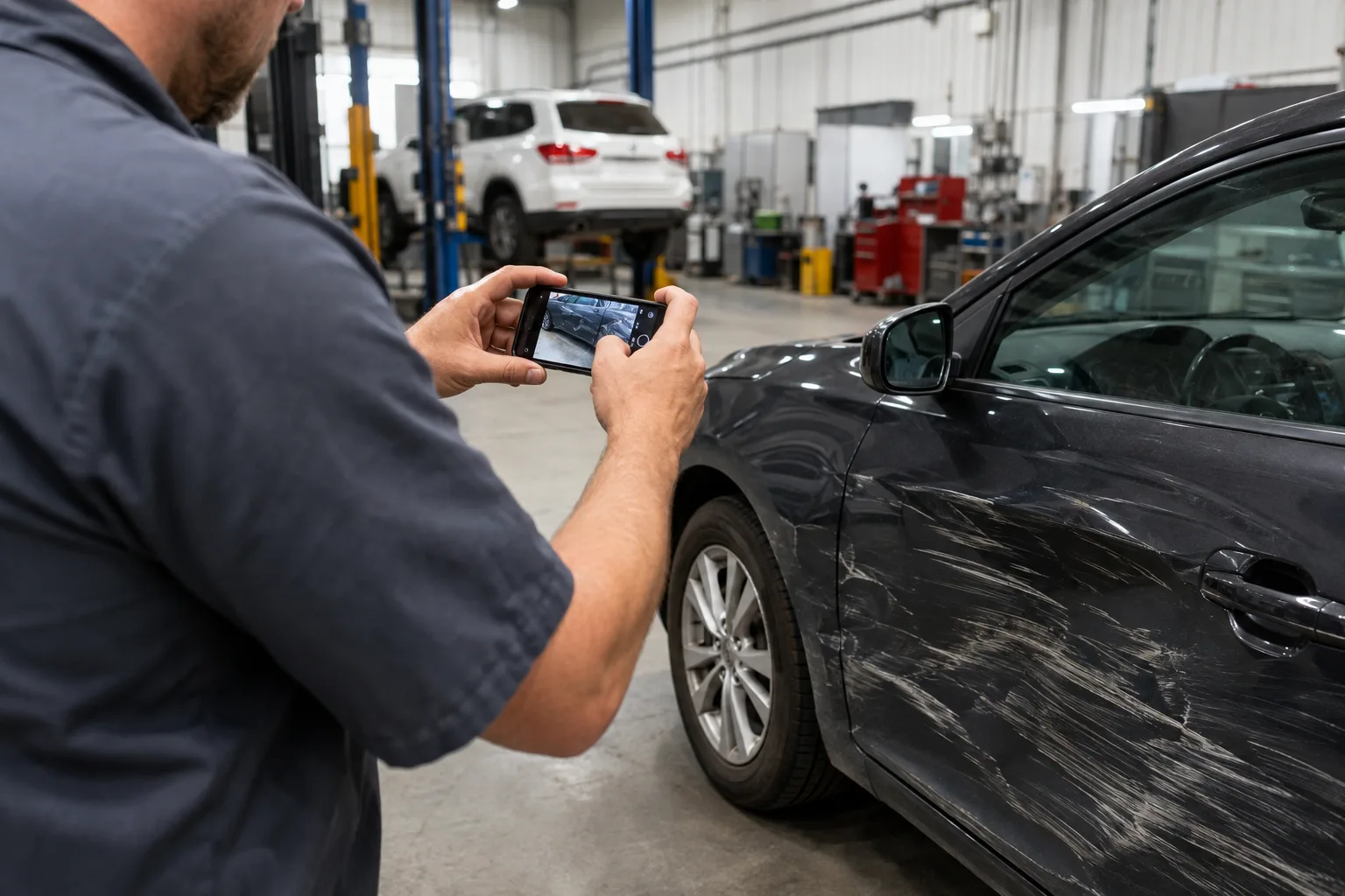 Person photographing vehicle damage before repairs