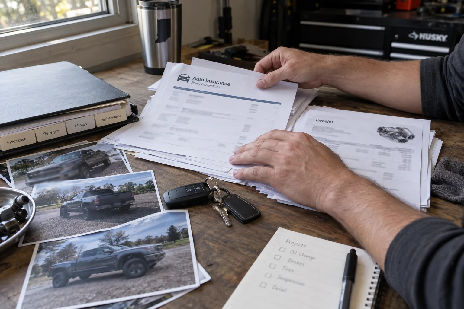 Vehicle owner organizing insurance documents and custom-part receipts