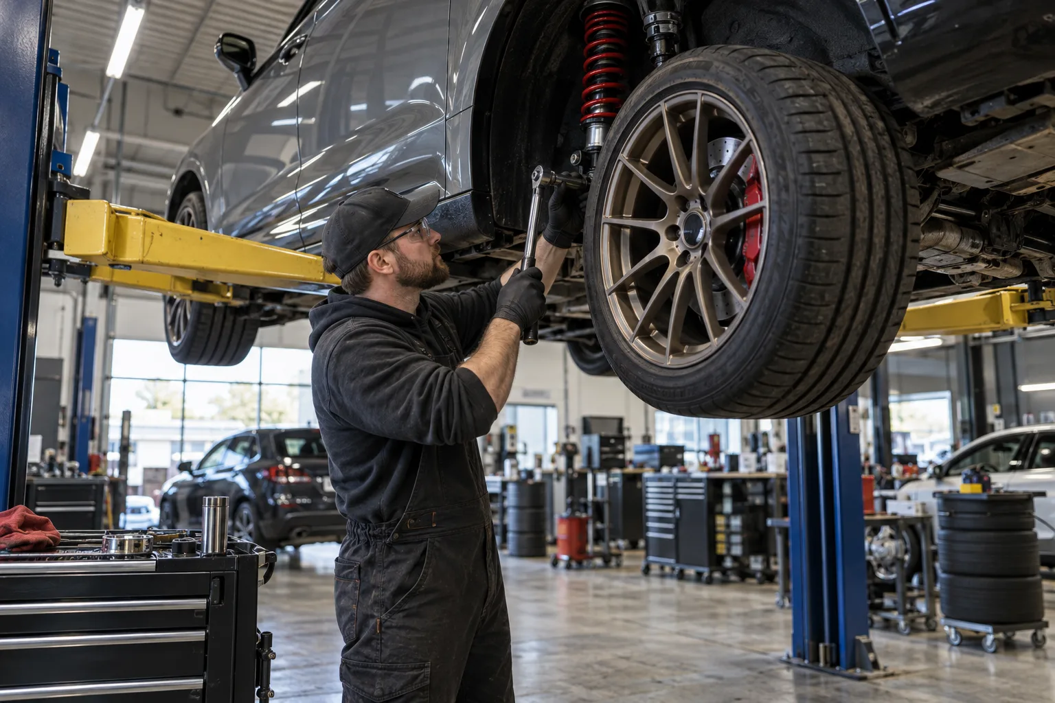 Mechanic inspecting custom wheels and suspension on a vehicle lift
