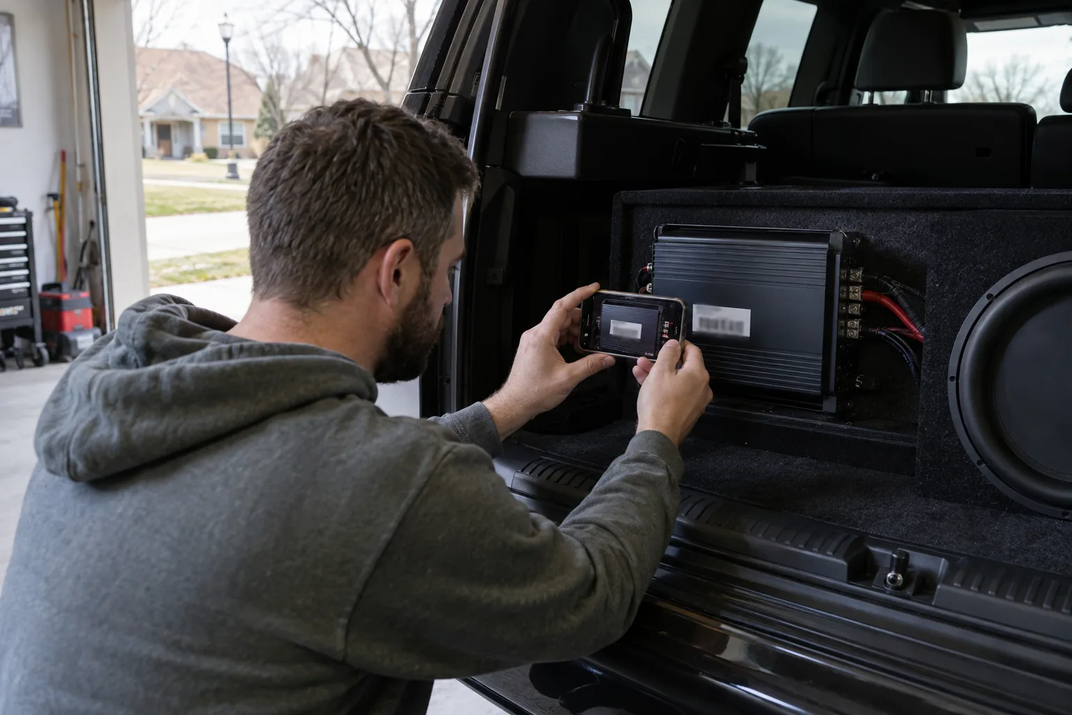 Vehicle owner documenting installed aftermarket audio equipment