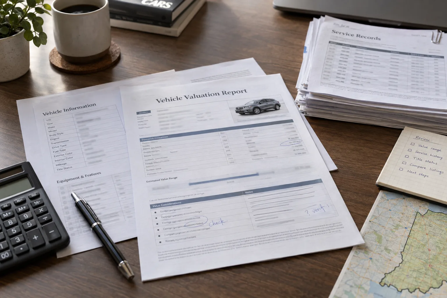 Vehicle valuation report being compared with maintenance and equipment records