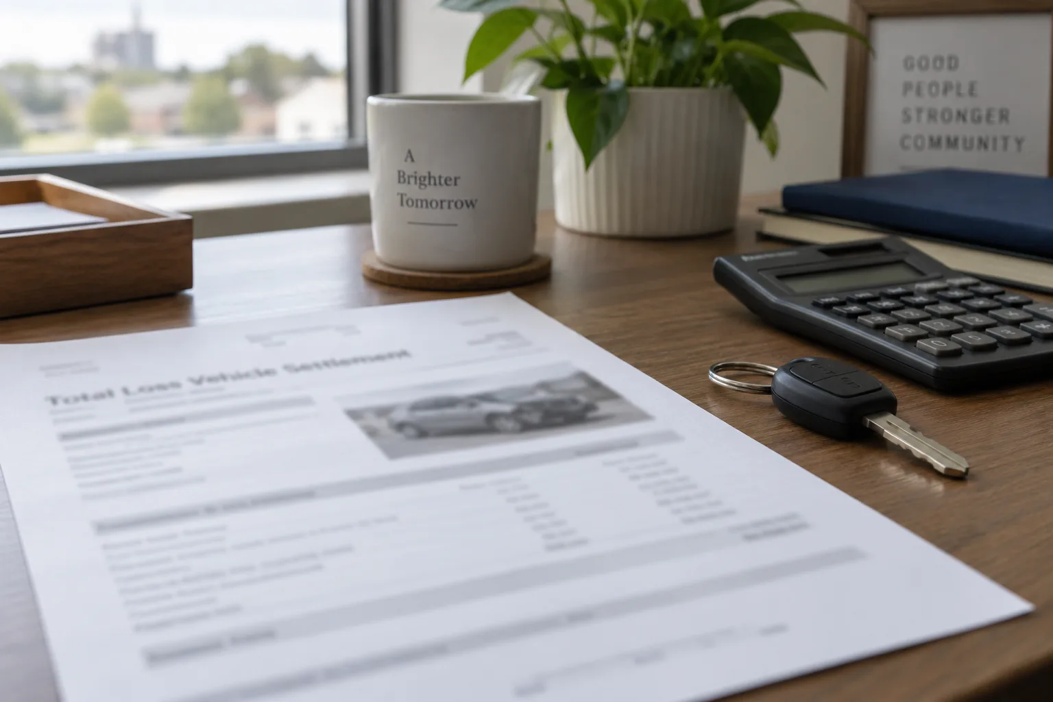 Total-loss settlement paperwork, calculator, and vehicle key on a desk