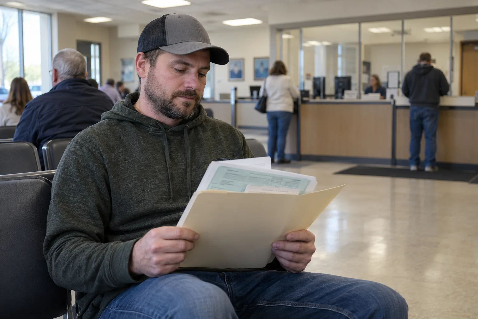 Vehicle owner carrying title and registration documents at an Indiana motor-vehicle office