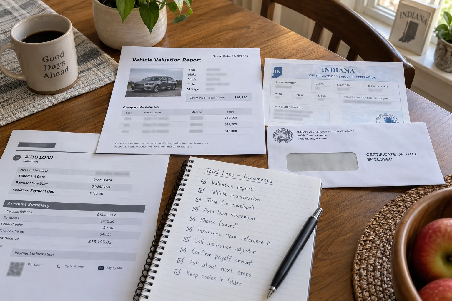 Organized vehicle valuation, title, registration, and loan records for reviewing a total-loss payment