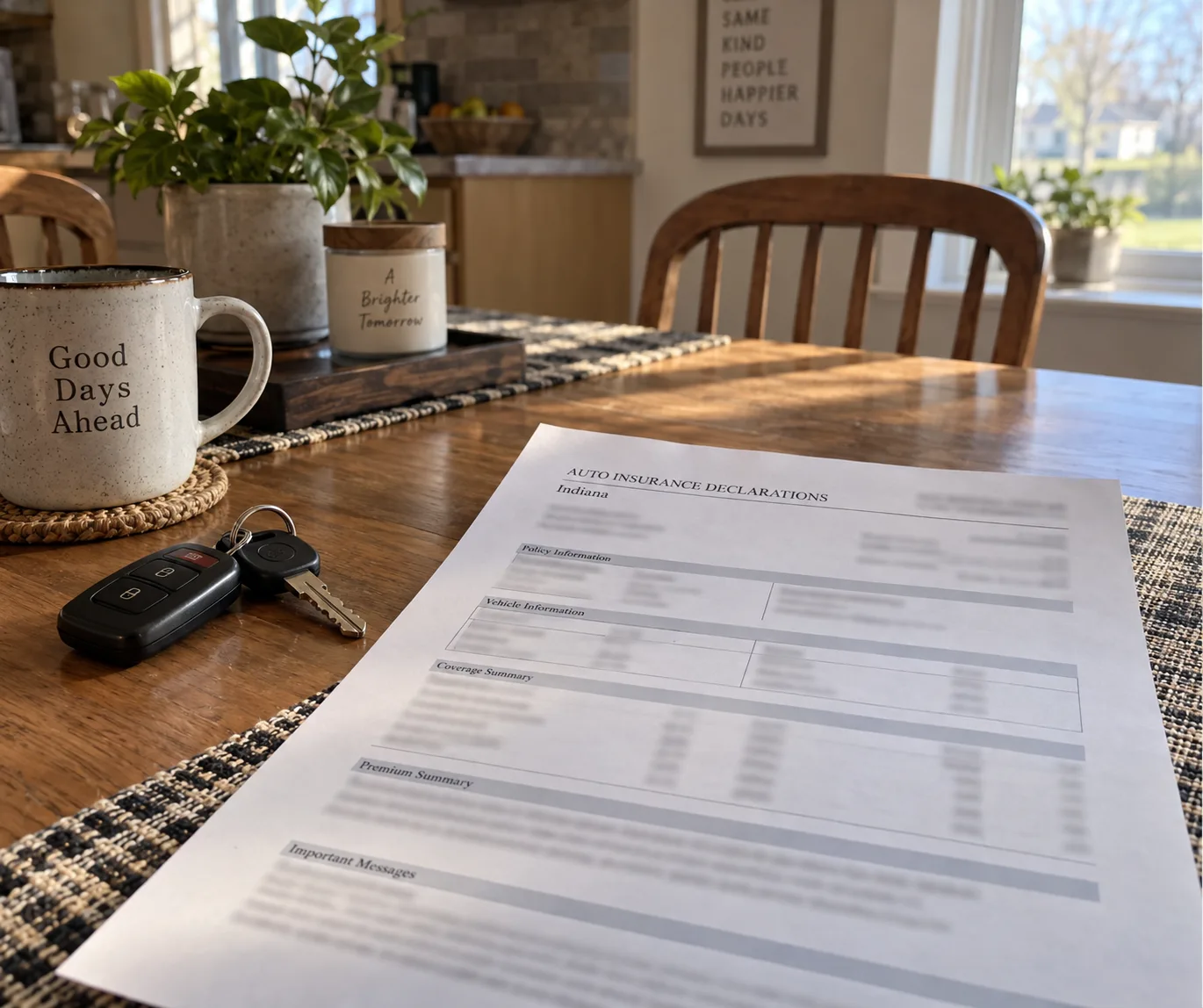 Auto insurance declarations page and car keys on a family kitchen table