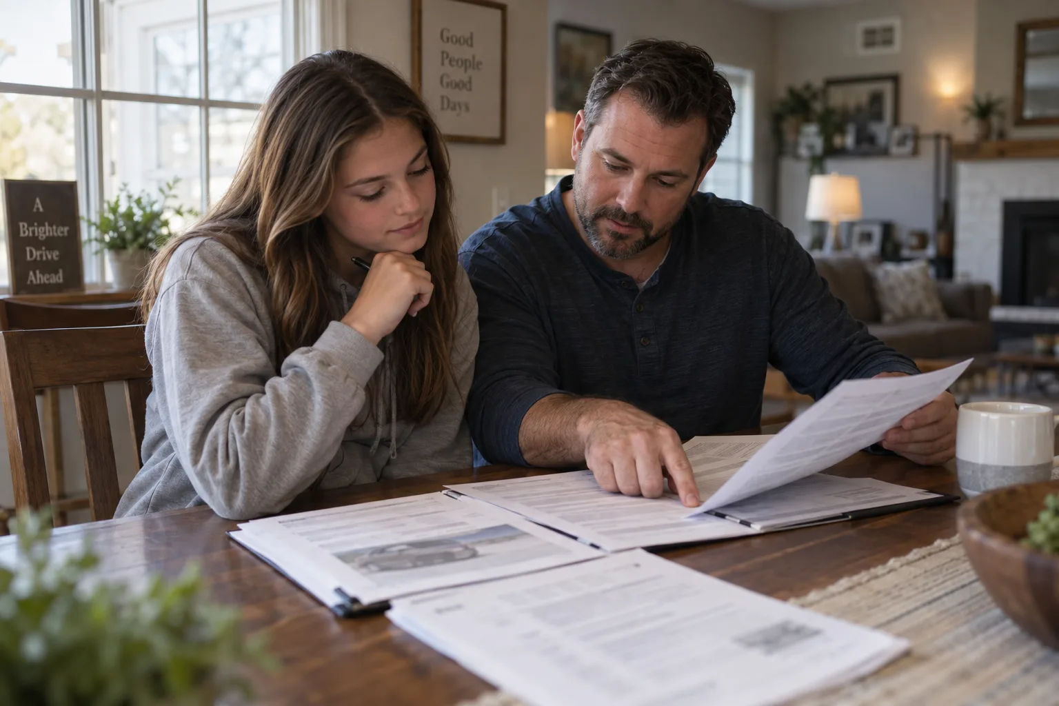 Parent and teen reviewing a family auto insurance policy at home