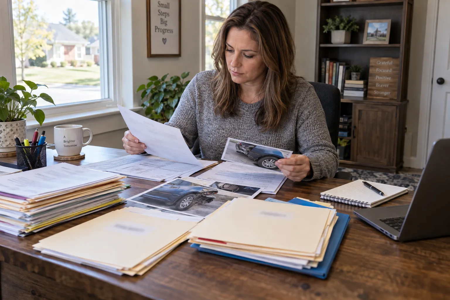Motorist organizing crash and insurance records at a home desk