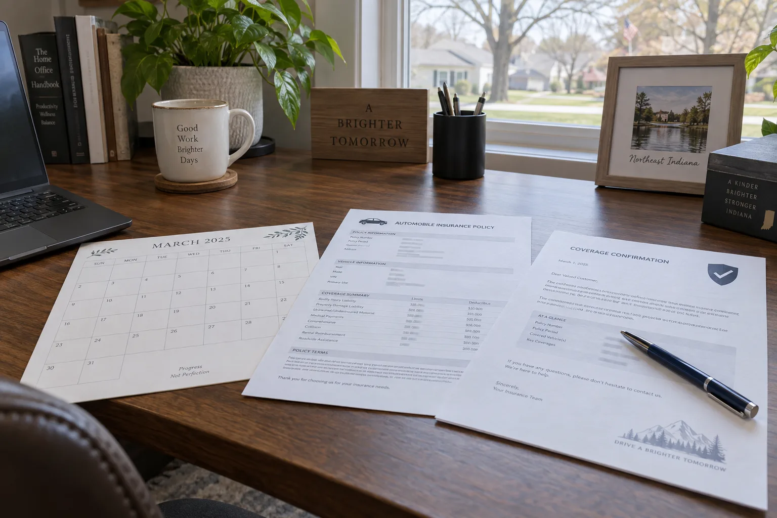 Calendar and insurance documents used to track an Indiana claim deadline