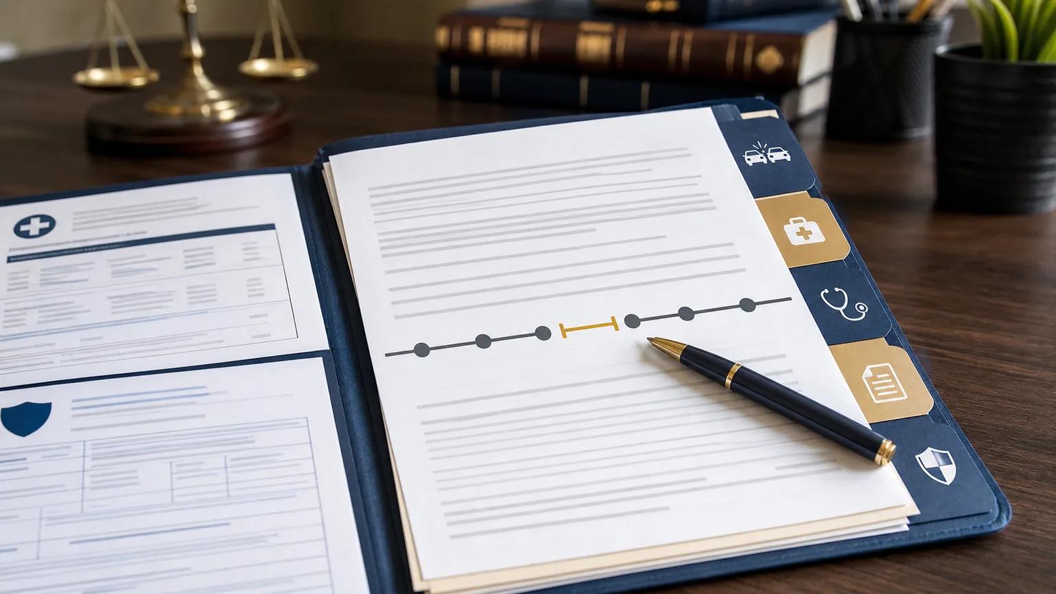 Indiana accident claim file and medical treatment timeline used to explain gaps in care