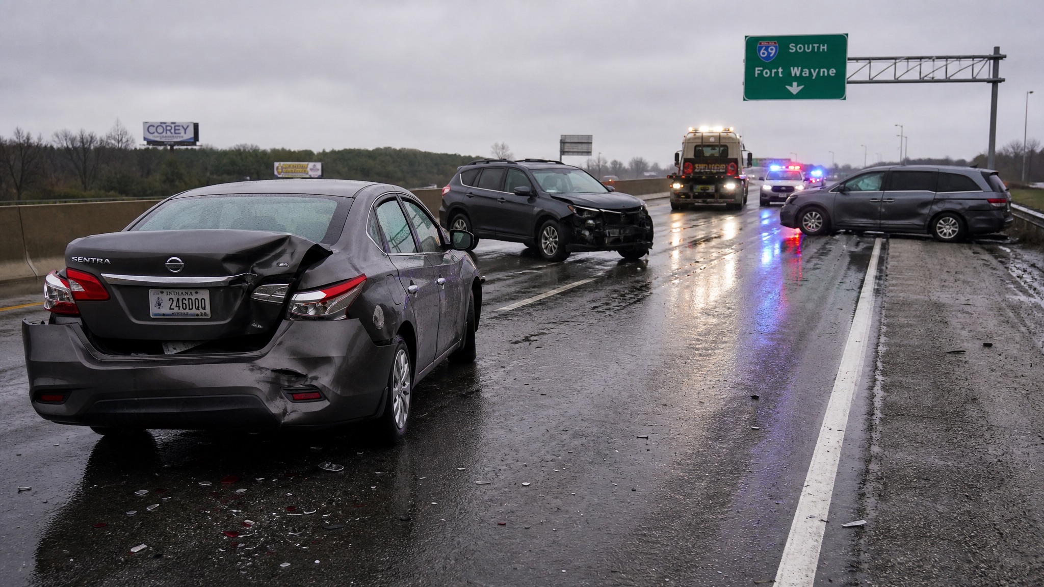 Fort Wayne I-69 chain reaction crash with multiple damaged vehicles and tow response