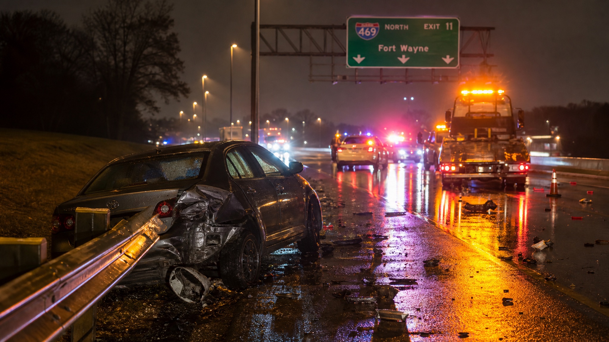 Fort Wayne I-469 nighttime crash aftermath against guardrail with emergency lights