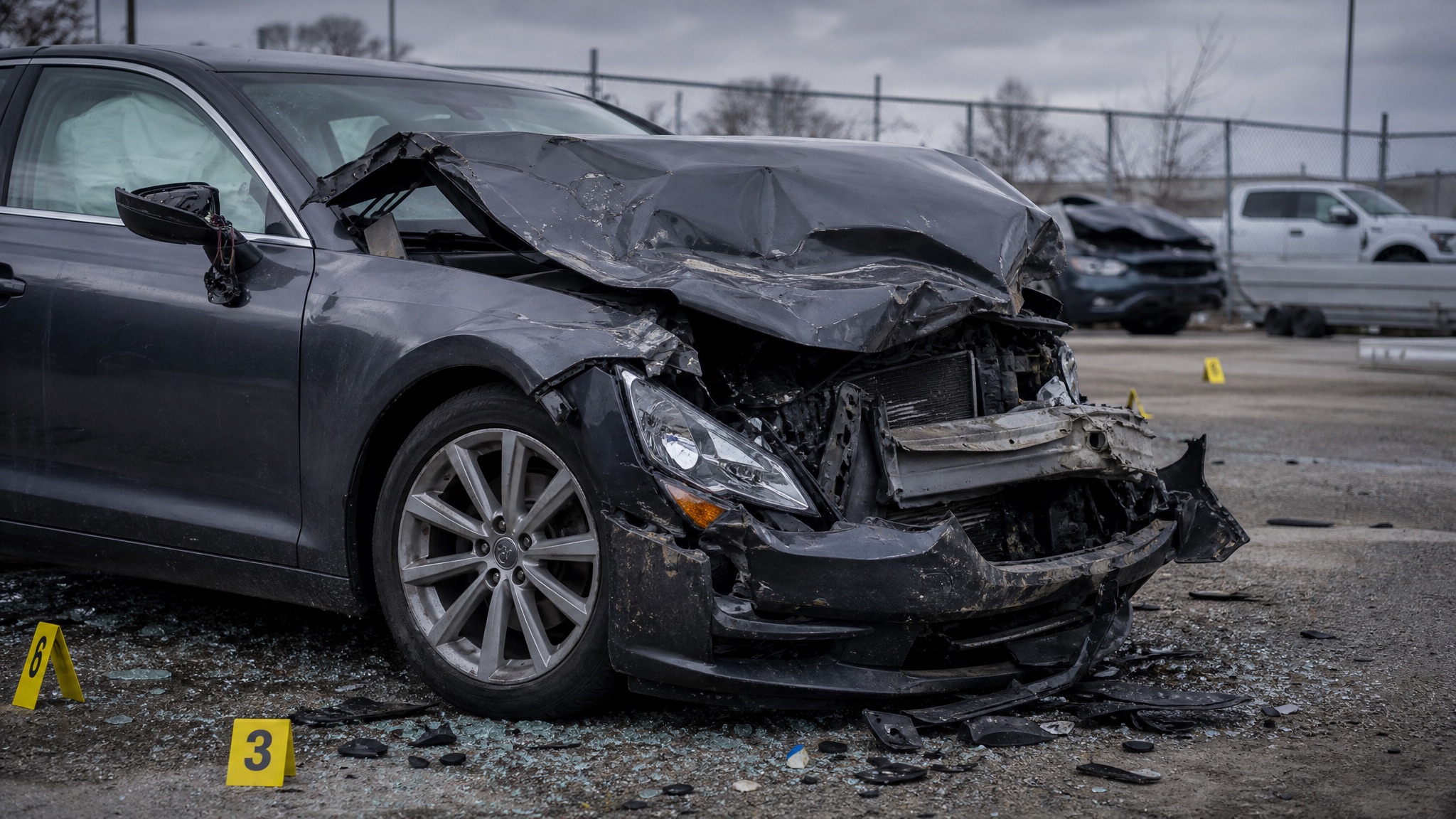 Fort Wayne interstate crash evidence showing crumpled car front end and deployed airbag