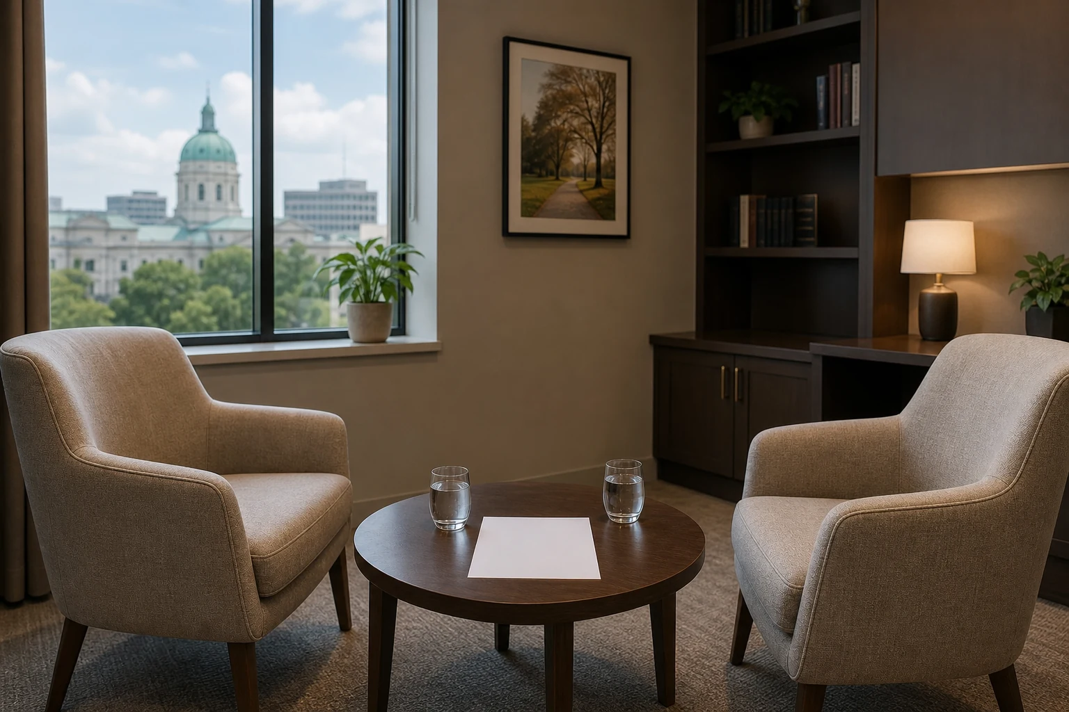 Private consultation room representing insurance settlement negotiations in an Indiana injury claim