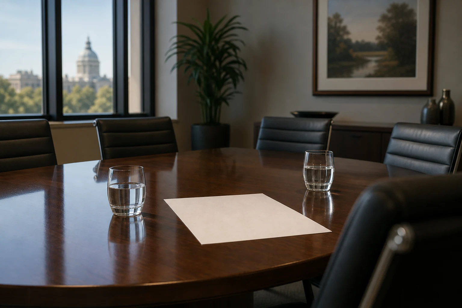 Empty conference room table with blank offer sheet for Indiana personal injury settlement negotiations