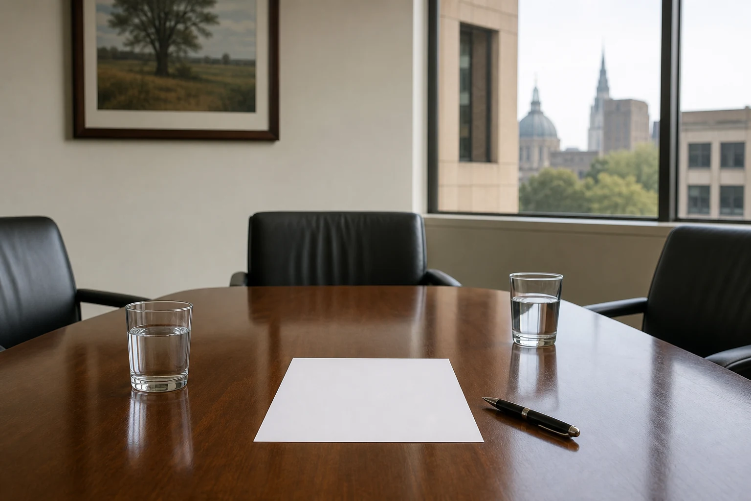 Negotiation table with blank paper and water glasses for a disputed Indiana injury claim