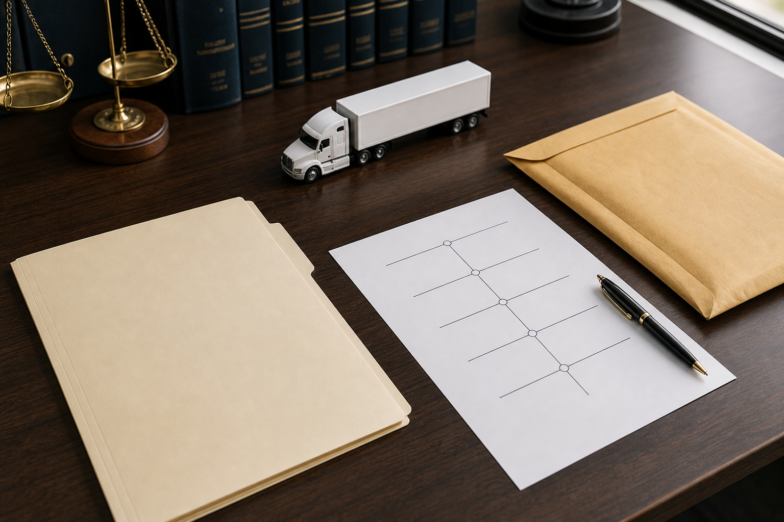 Truck accident evidence file on a law office desk