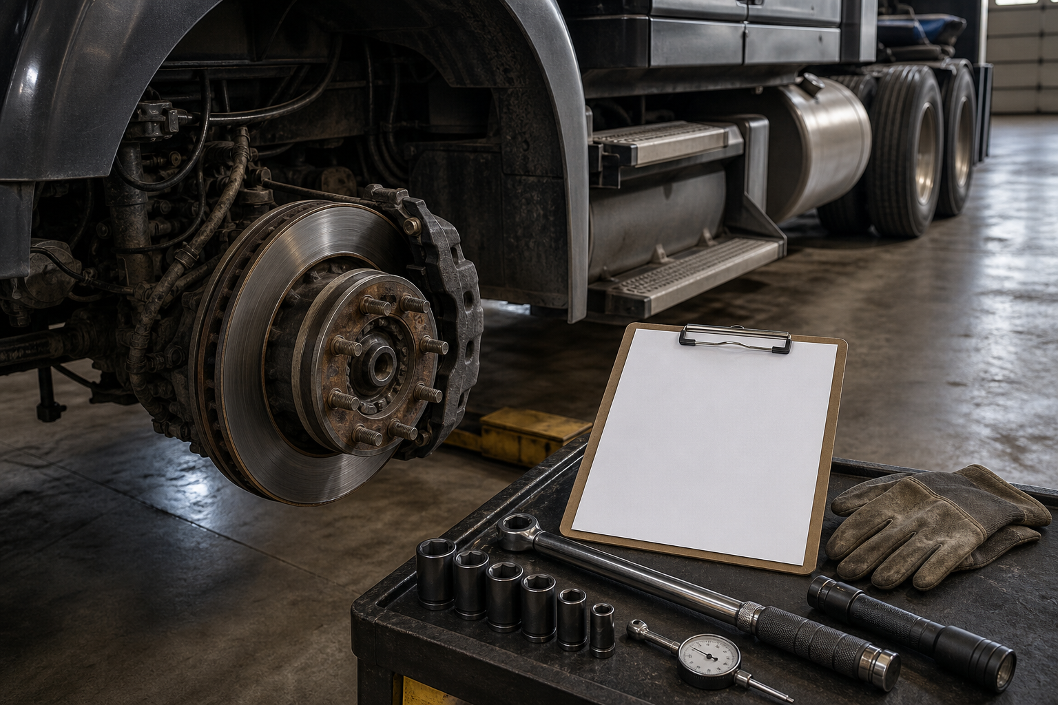 Semi truck maintenance bay evidence showing inspection and repair issues