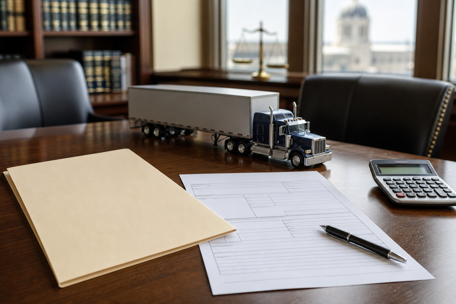 Commercial truck claim insurance and logistics documents on a law office table