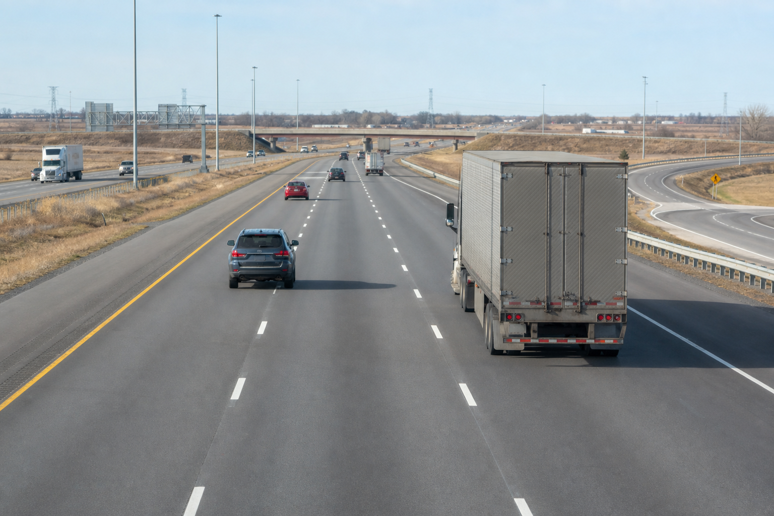 Semi truck and passenger vehicles with safe spacing on an Indiana highway