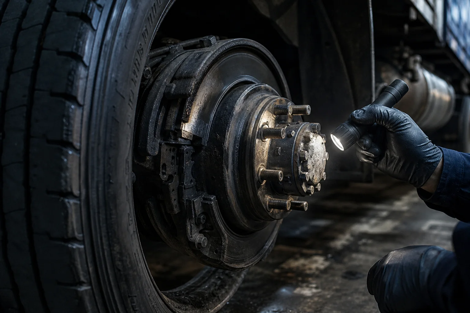 Semi truck brake and wheel assembly being inspected in a maintenance shop
