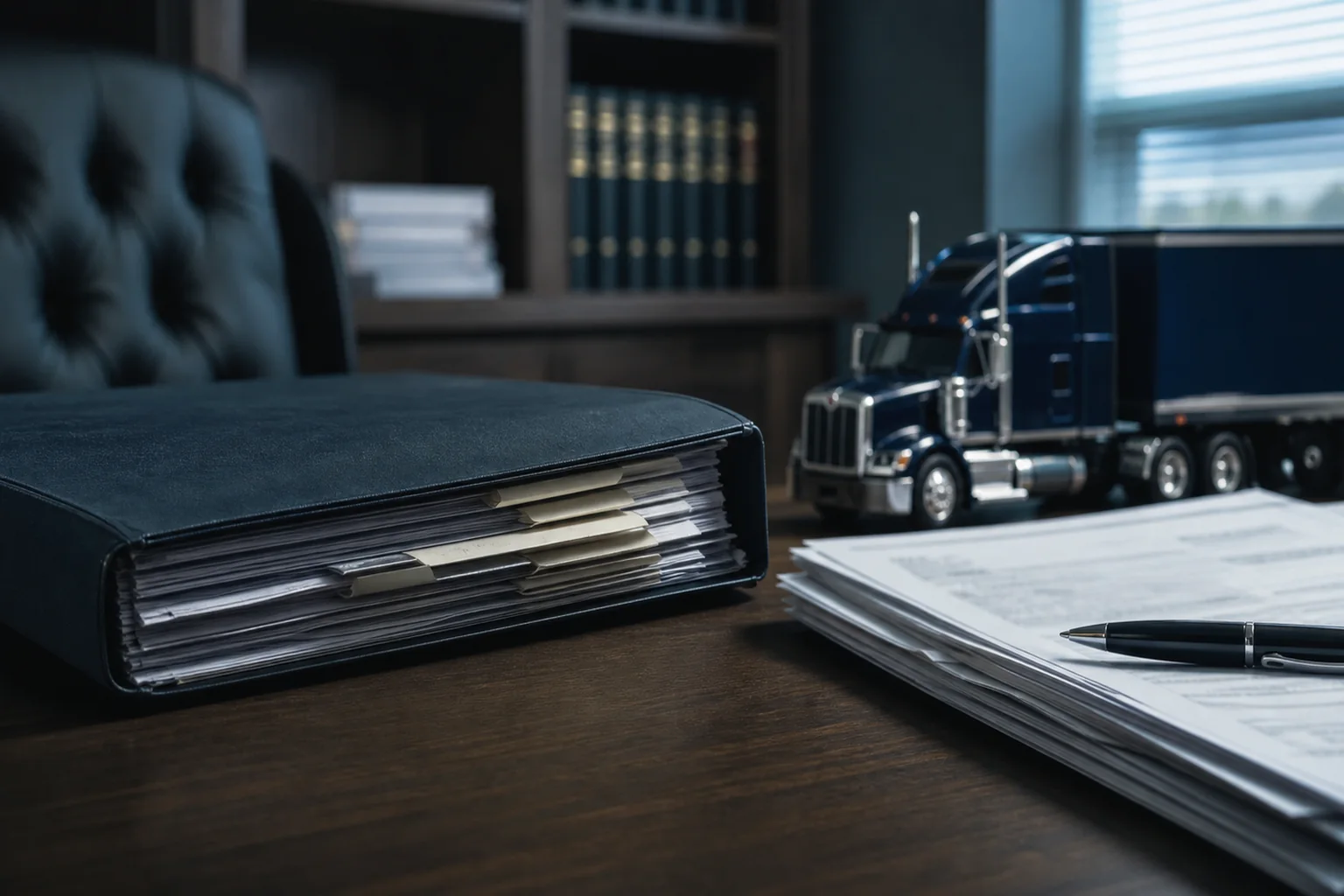 Truck maintenance log file and repair invoice stack on a law office desk