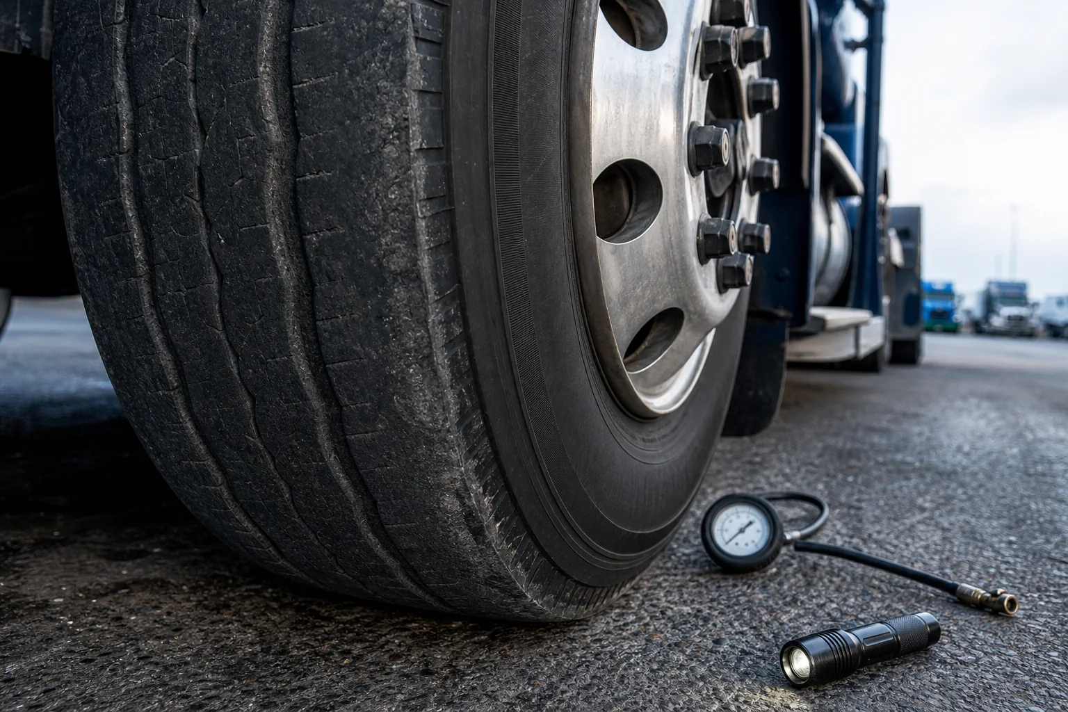 Semi truck tire tread and wheel area being inspected at a fleet yard