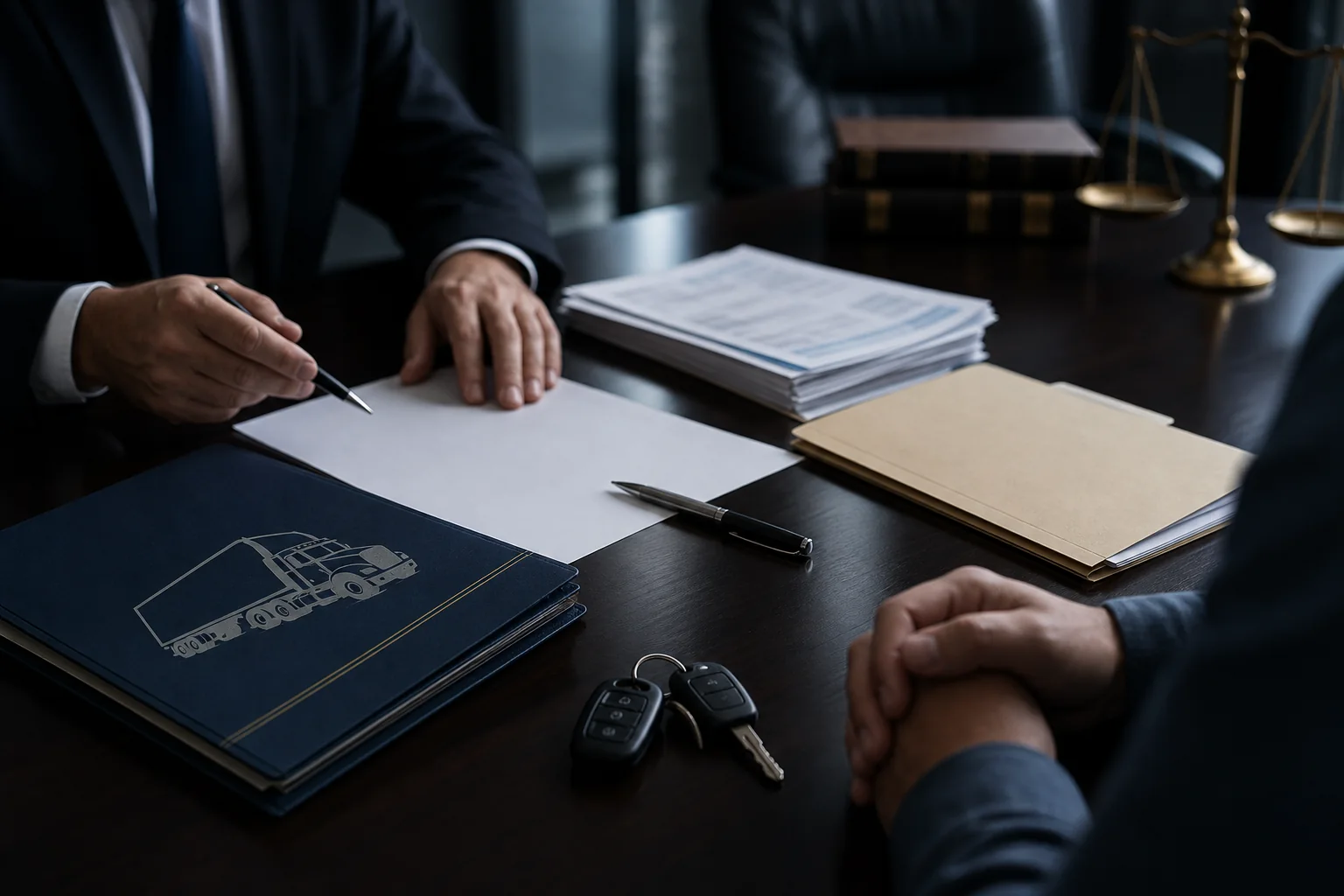 Semi truck maintenance negligence case file on an Indiana law office conference table