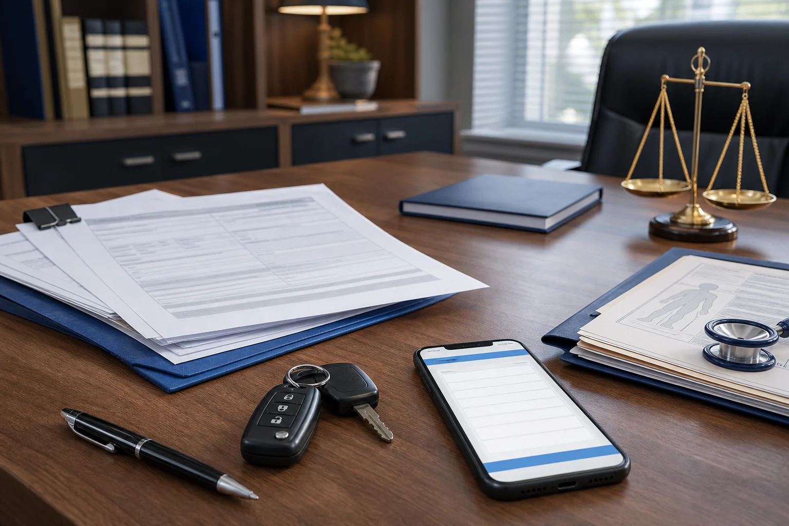 Phone with online consultation form beside car keys, insurance card, and injury case paperwork on a kitchen table