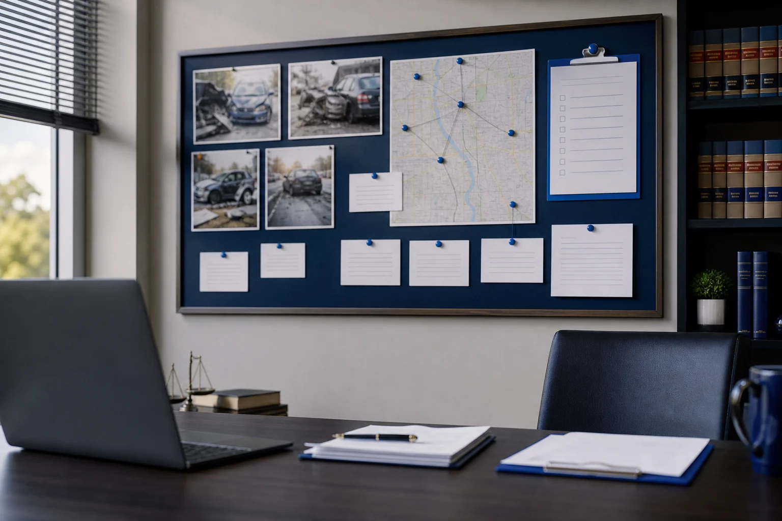 Fort Wayne personal injury evidence board showing crash photos, Indiana map pins, witness notes, and insurance coverage analysis