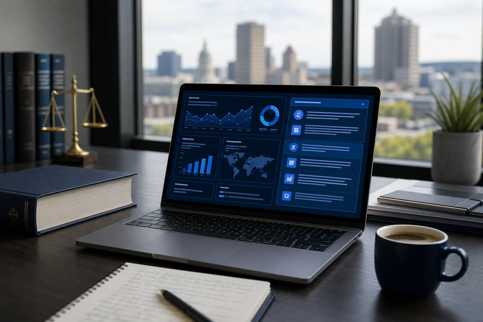 Legal research desk with abstract search analytics dashboard and Indiana legal research materials