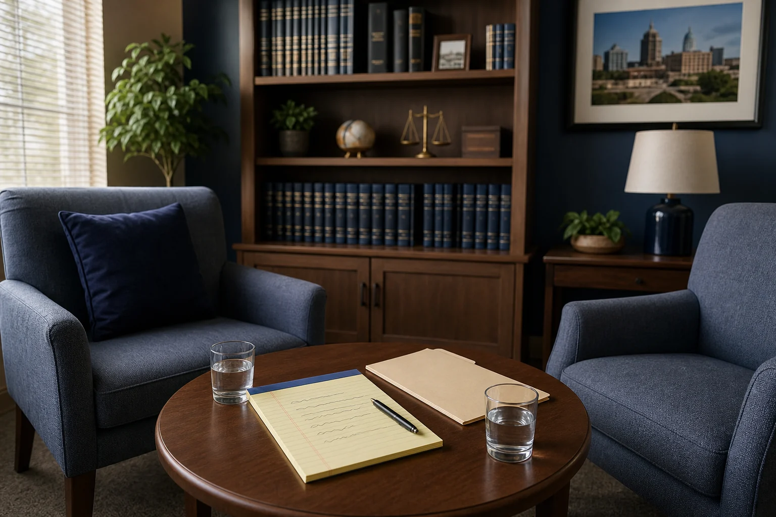 Warm professional consultation room at a Fort Wayne personal injury law office prepared for a client meeting
