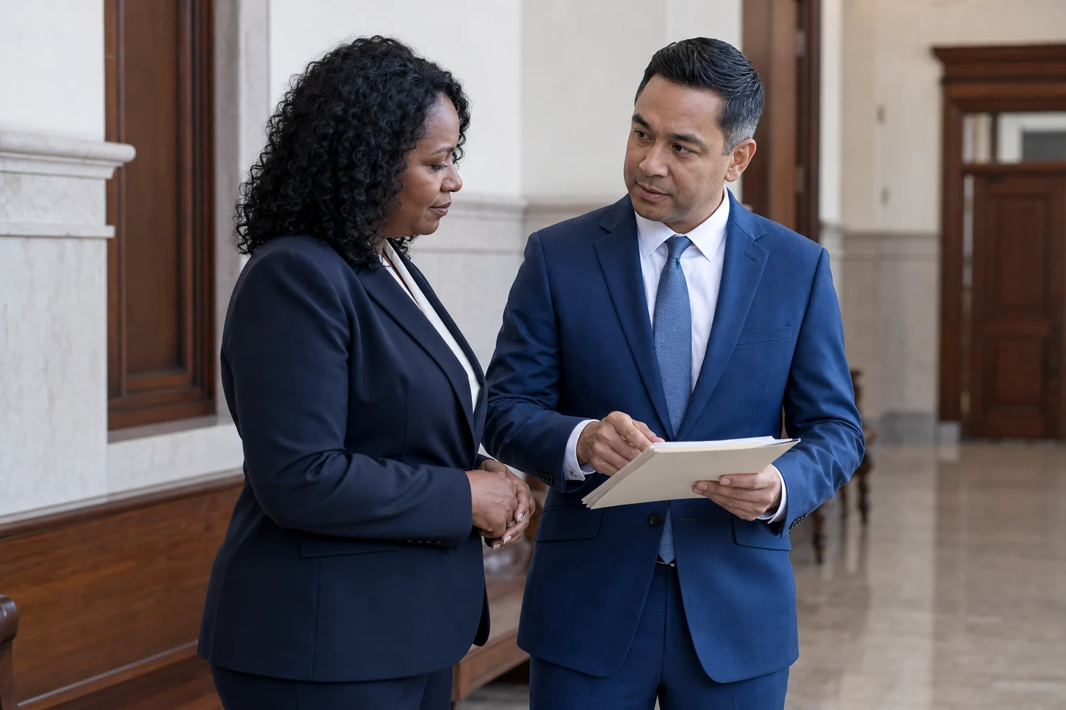 An attorney explaining the civil court process to an injured client in a courthouse hallway