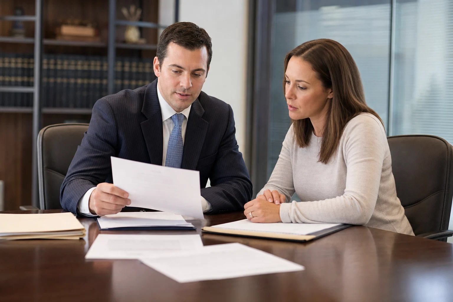An attorney reviewing a civil complaint and lawsuit timeline with an injured client