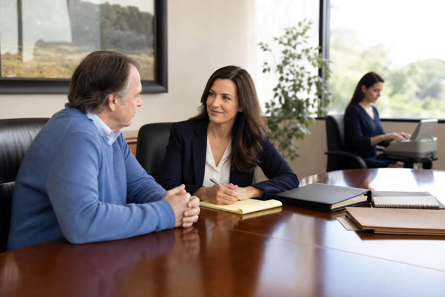 An injured client preparing for deposition testimony with an attorney at a conference table