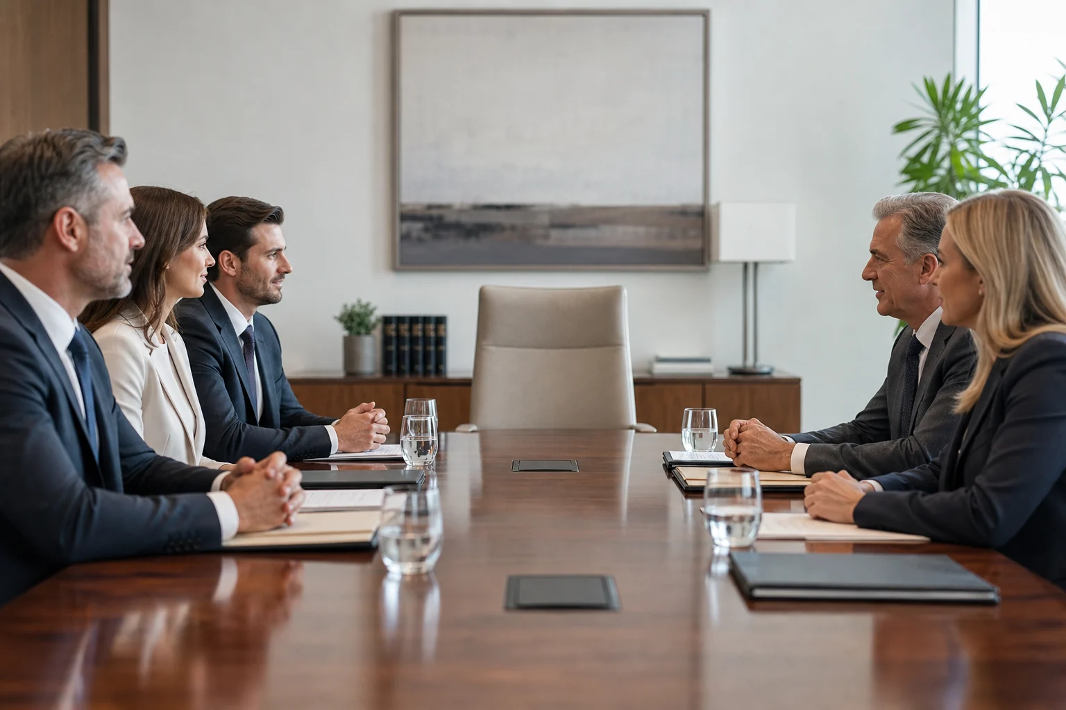 A calm mediation conference room prepared for settlement discussions in a personal injury case