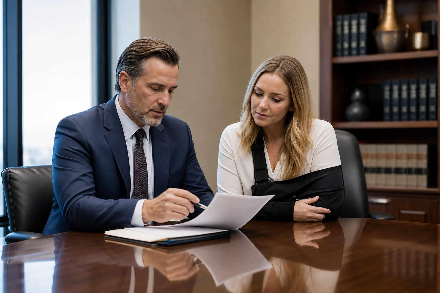 An attorney helping an injured client prepare calmly for a possible court appearance