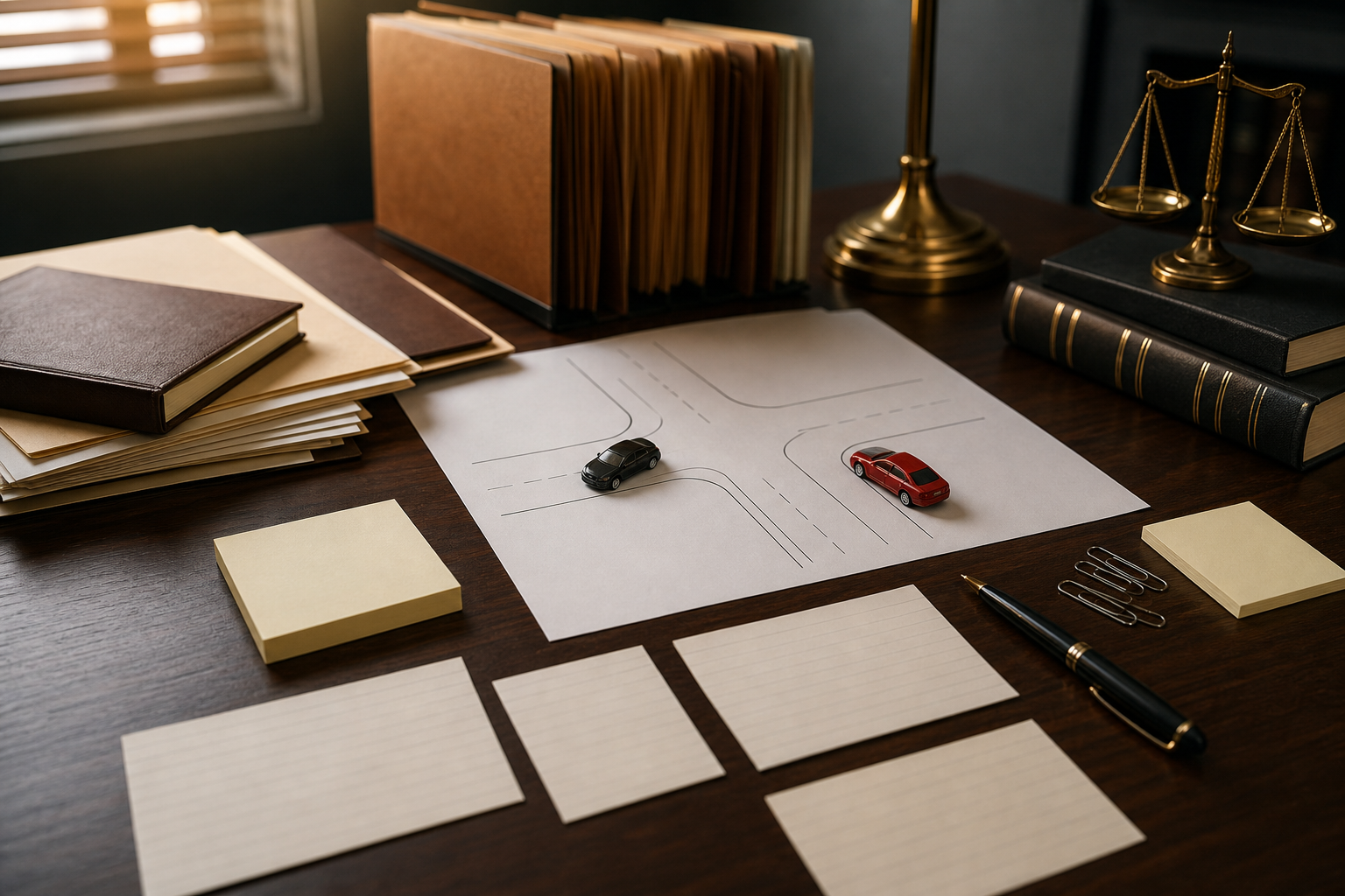 Attorney reviewing witness timeline and crash diagram in Indiana accident case