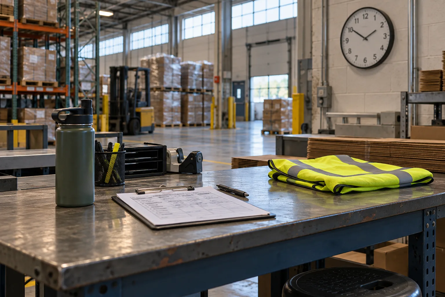 Workstation with shift records and safety equipment used to document workplace conditions