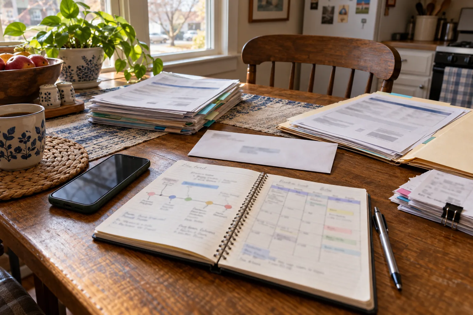 Timeline and work records organized on a table after a medical emergency