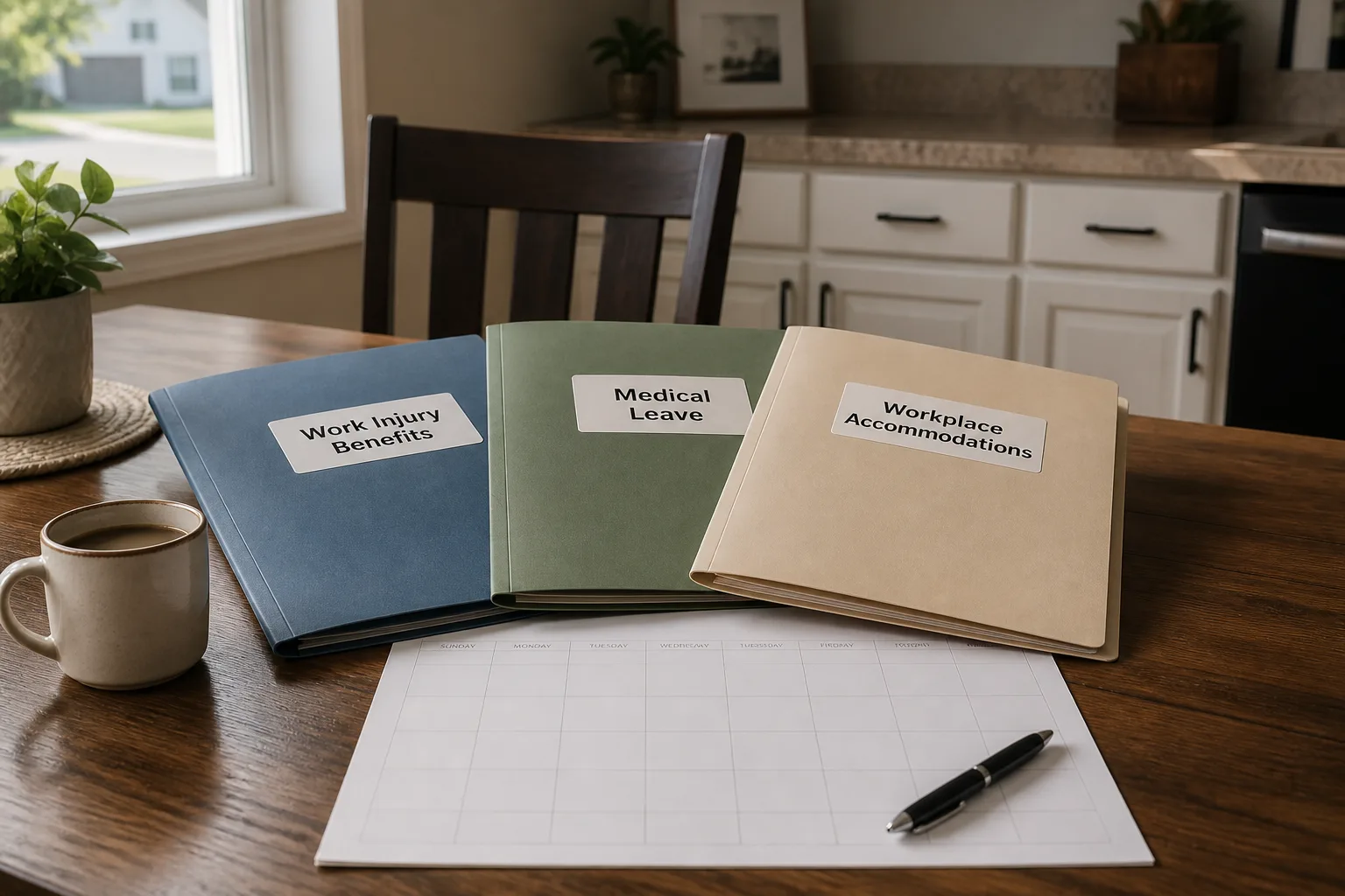 Folders and calendar used to organize work-injury, leave, and accommodation records